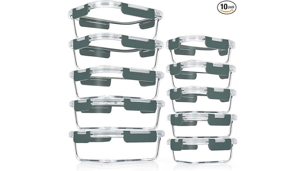 ten glass food storage containers